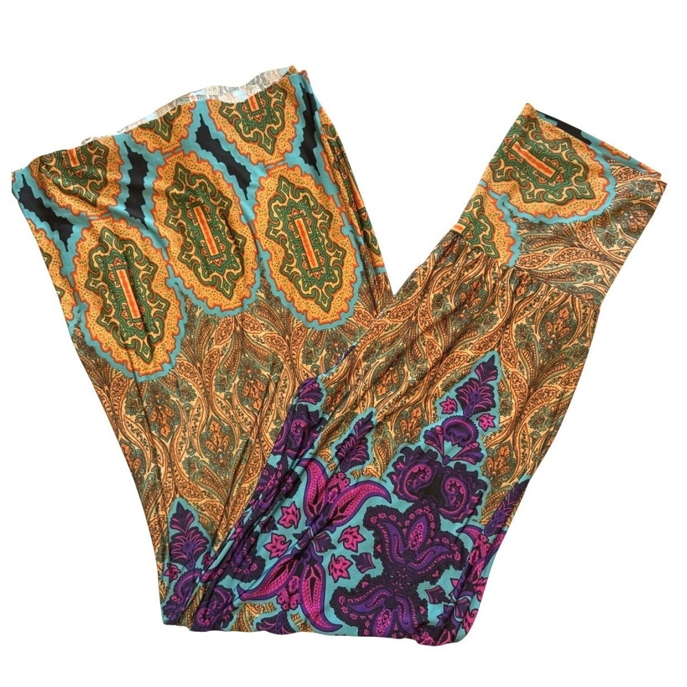 Boho Paisley Wide Leg Palazzo Pants High‎ Rise Flowy Festival Retro Chic Large